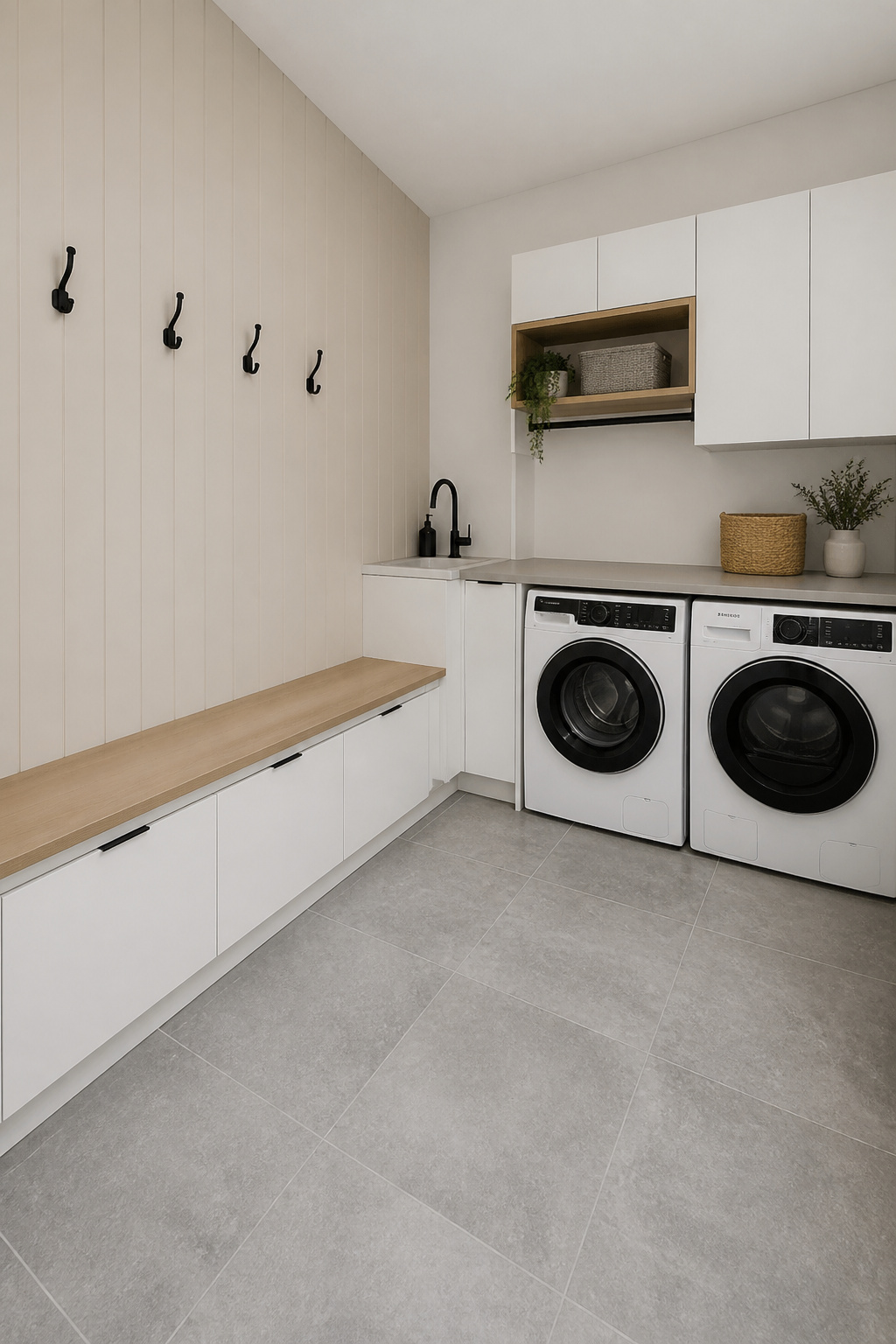 L-plan Scandinavian mudroom-laundry: oak bench with coat hooks on the entry wall, washer and dryer in white cabinetry on the inside wall, corner utility sink where the plumbing serves both zones, continuous grey tile floor