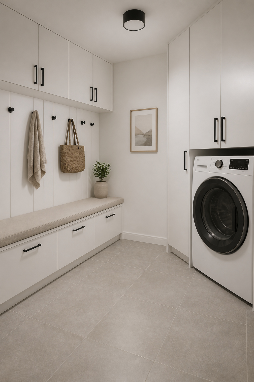 Scandinavian mudroom-laundry combo showing unified finishes: continuous large-format grey porcelain tile, flat-panel white cabinetry with consistent matte-black hardware on both the mudroom wall and the laundry wall