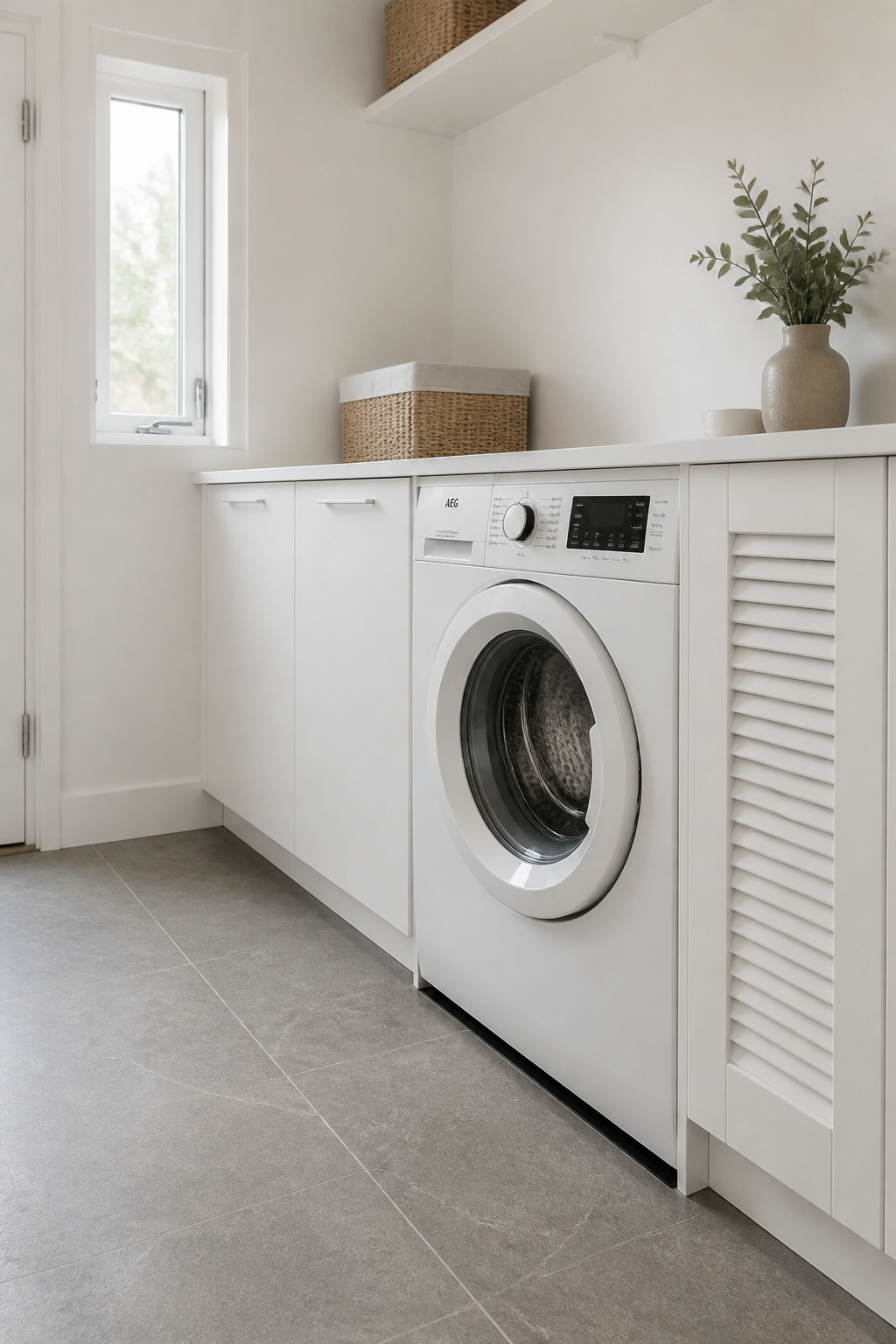 Laundry zone of a Scandinavian mudroom-laundry combo: front-load washer set flush in white flat-panel cabinetry on the inside wall, continuous countertop above, anti-vibration mat at the base, continuous grey tile floor