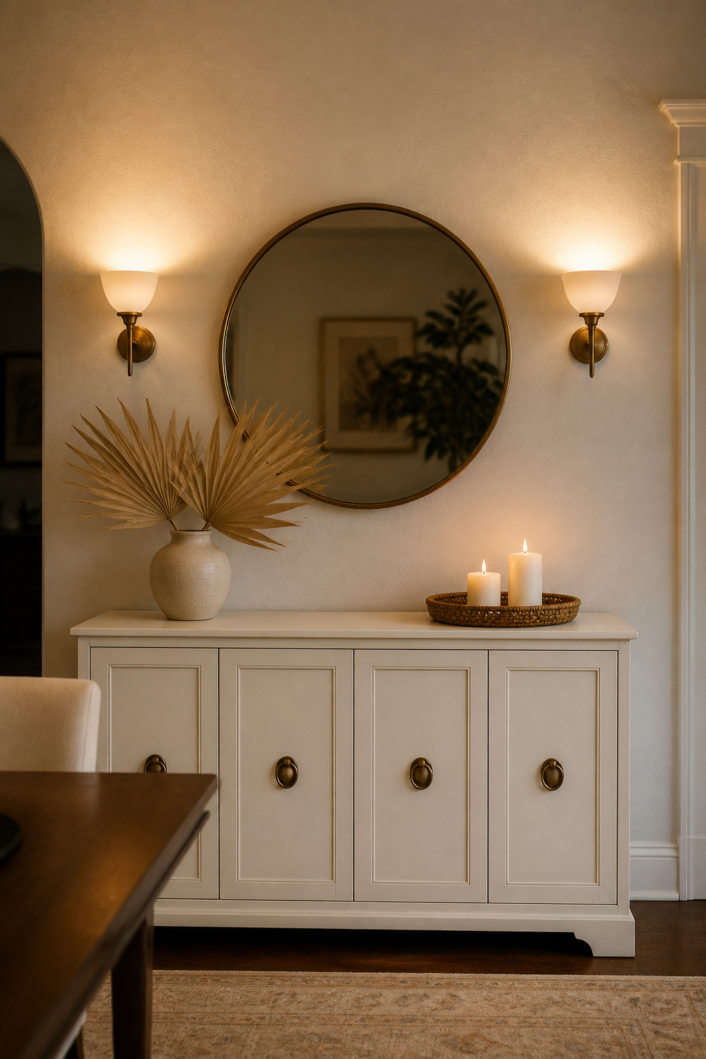 Two brushed-brass wall sconces flanking a round antiqued-brass mirror above a white-painted sideboard, sconces mounted at 63 inches, creating a complete dining room wall zone with both decorative and functional lighting