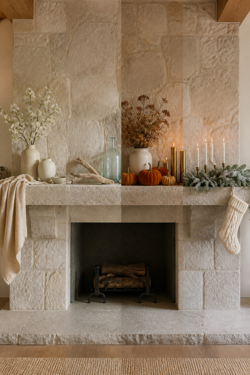 Fireplace mantel shown across all four seasons — spring blossoms, summer driftwood, autumn pumpkins, and winter garland — on a shared stone surround