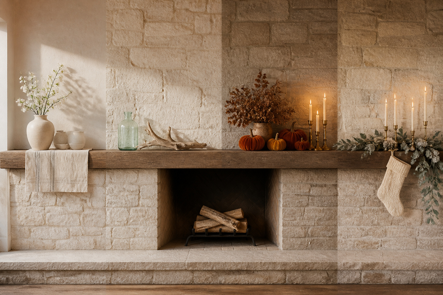 Fireplace mantel shown across all four seasons — spring blossoms, summer driftwood, autumn pumpkins, and winter garland — on a shared stone surround