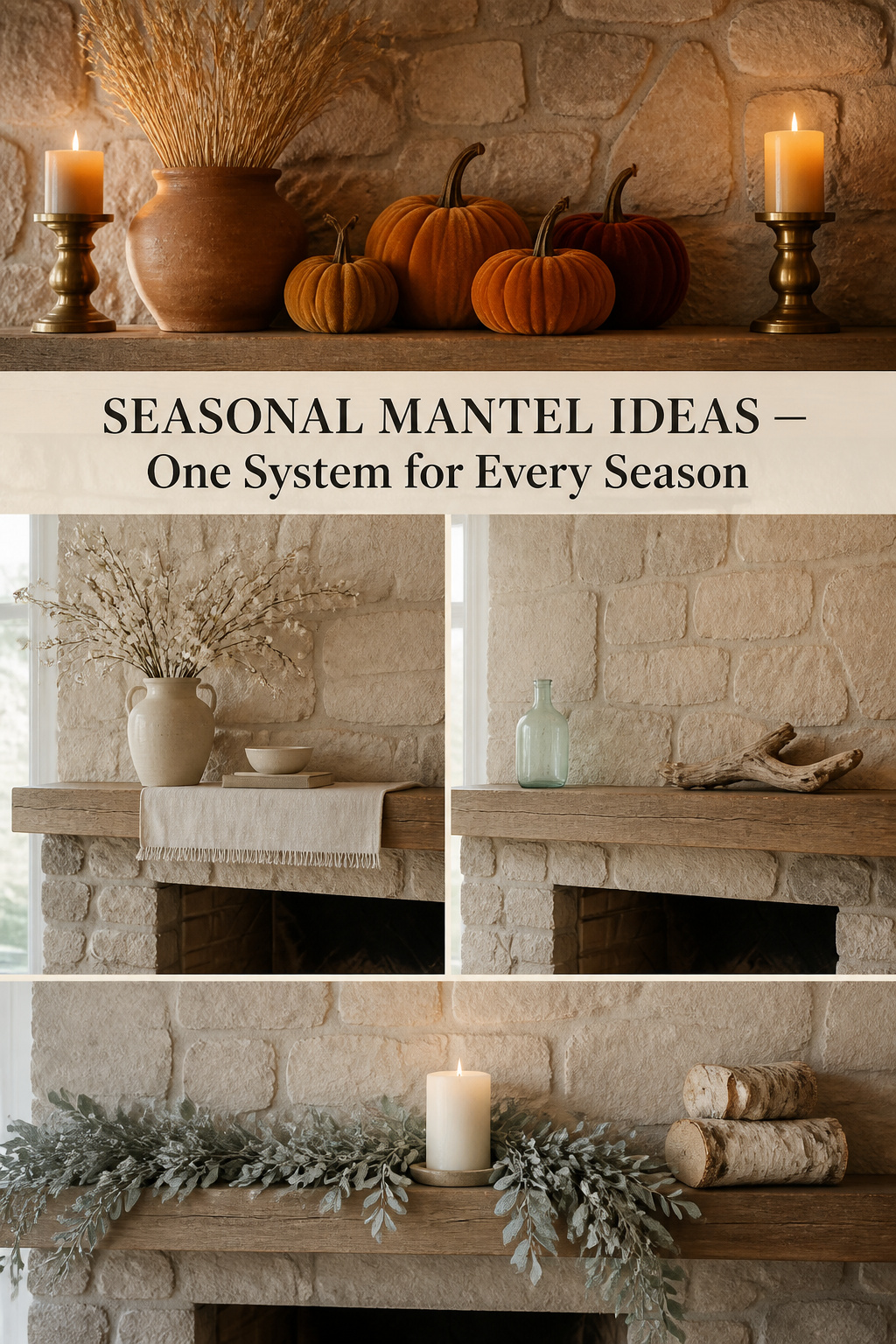 Pinterest guide to seasonal mantel decorating showing autumn pumpkins, spring-summer contrast panels, and a post-Christmas winter mantel with frosted eucalyptus