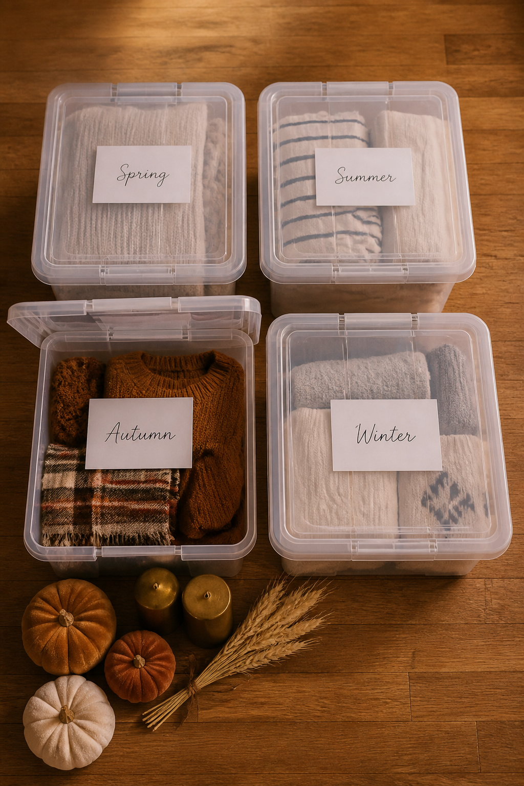 Four clear labelled seasonal decor bins on oak flooring, autumn bin open with velvet pumpkins and dried wheat beside it — the one-box-per-season storage system
