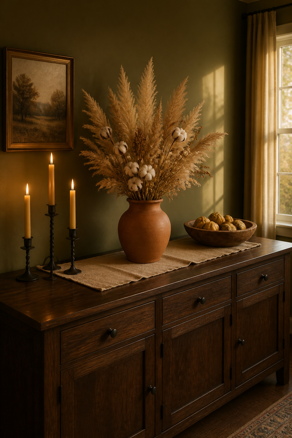 Autumn sideboard with dried pampas grass in a terracotta vase, beeswax taper candles, and linen runner on a dark walnut buffet