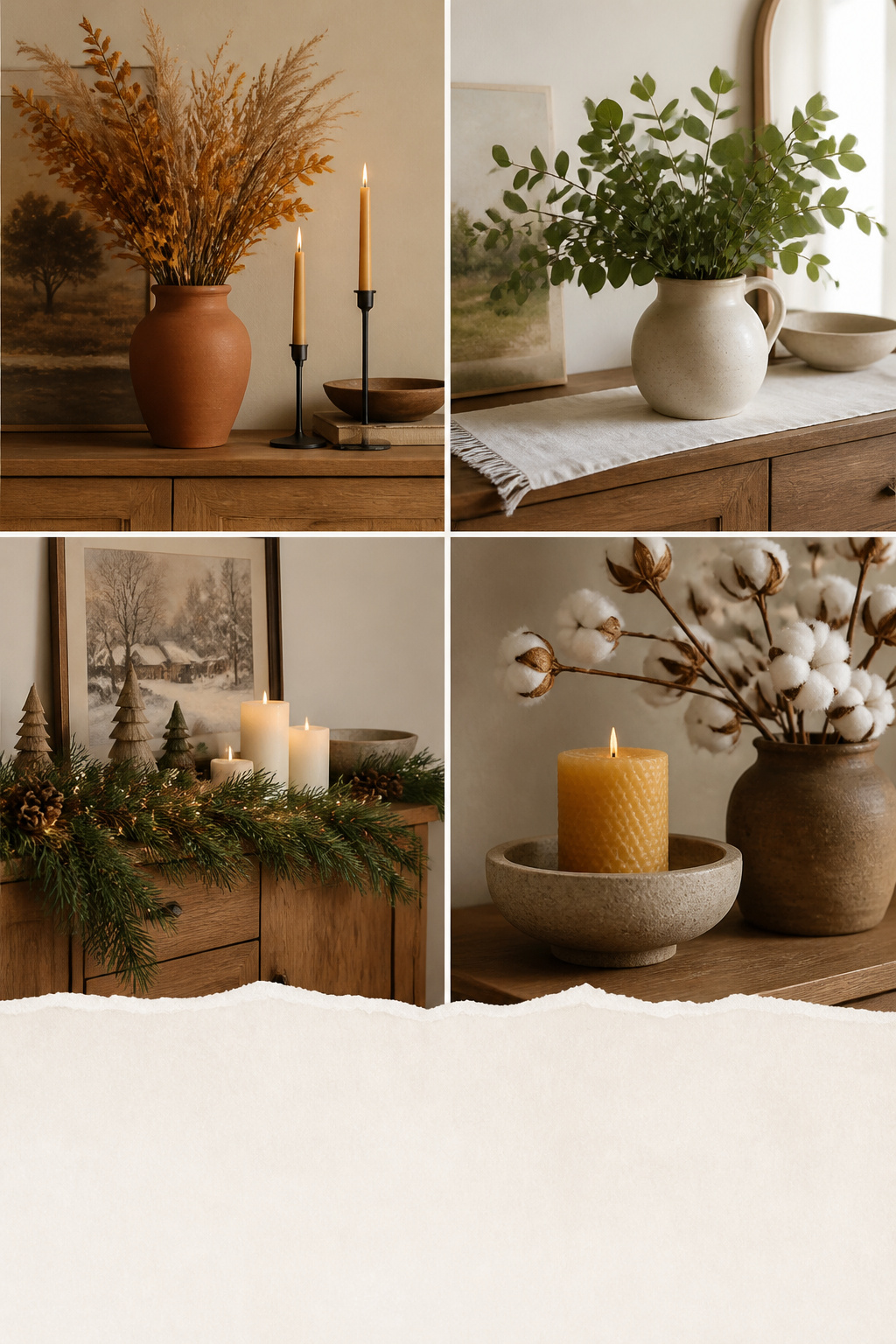 Pinterest collage of four seasonal sideboard vignettes showing fall dried botanicals, spring greenery, winter holiday garland, and dried cotton stem details