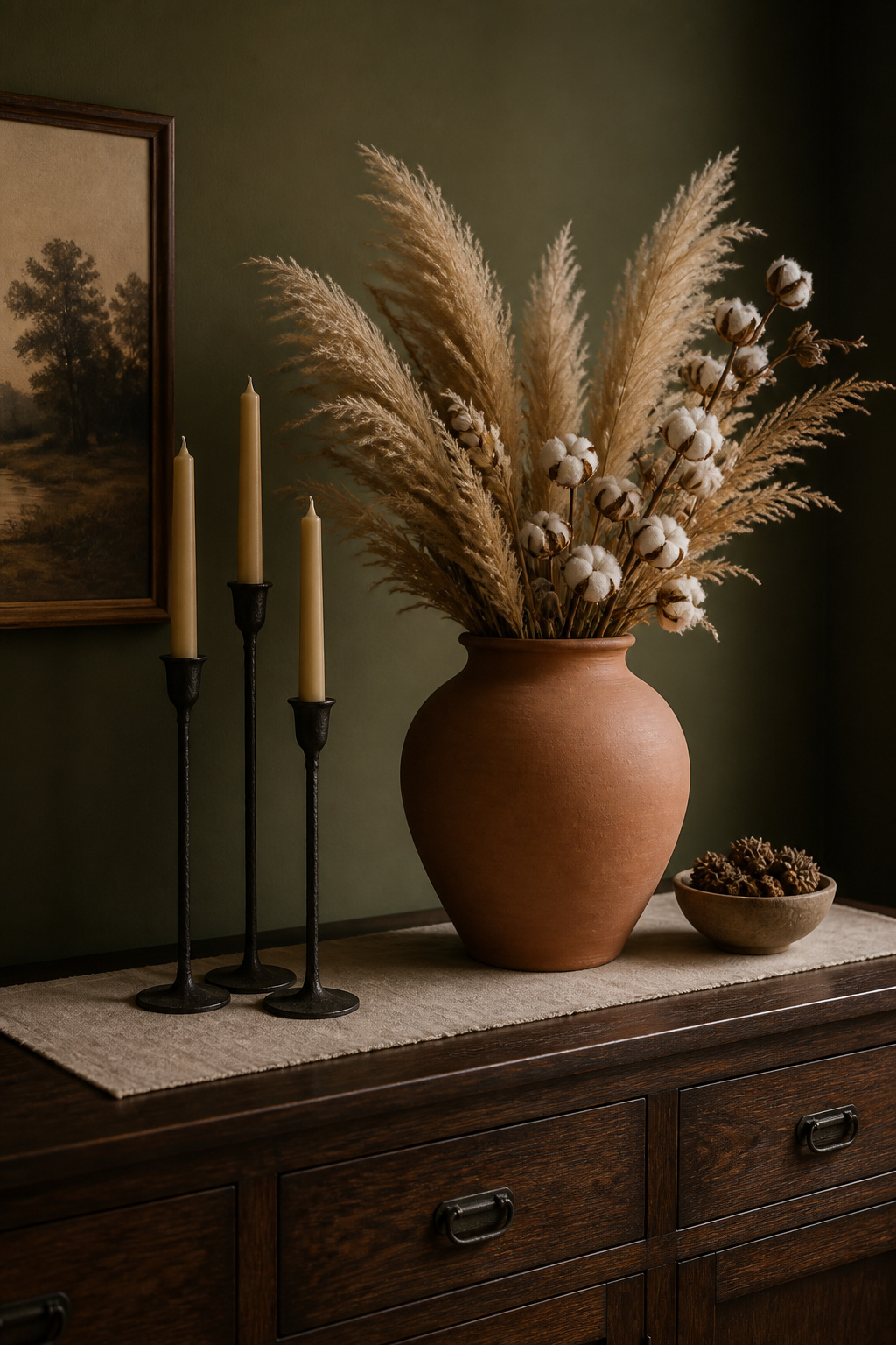 Fall sideboard with matte terracotta vase holding dried pampas grass and cotton stems, three iron taper candle holders, and a linen runner on a dark walnut buffet