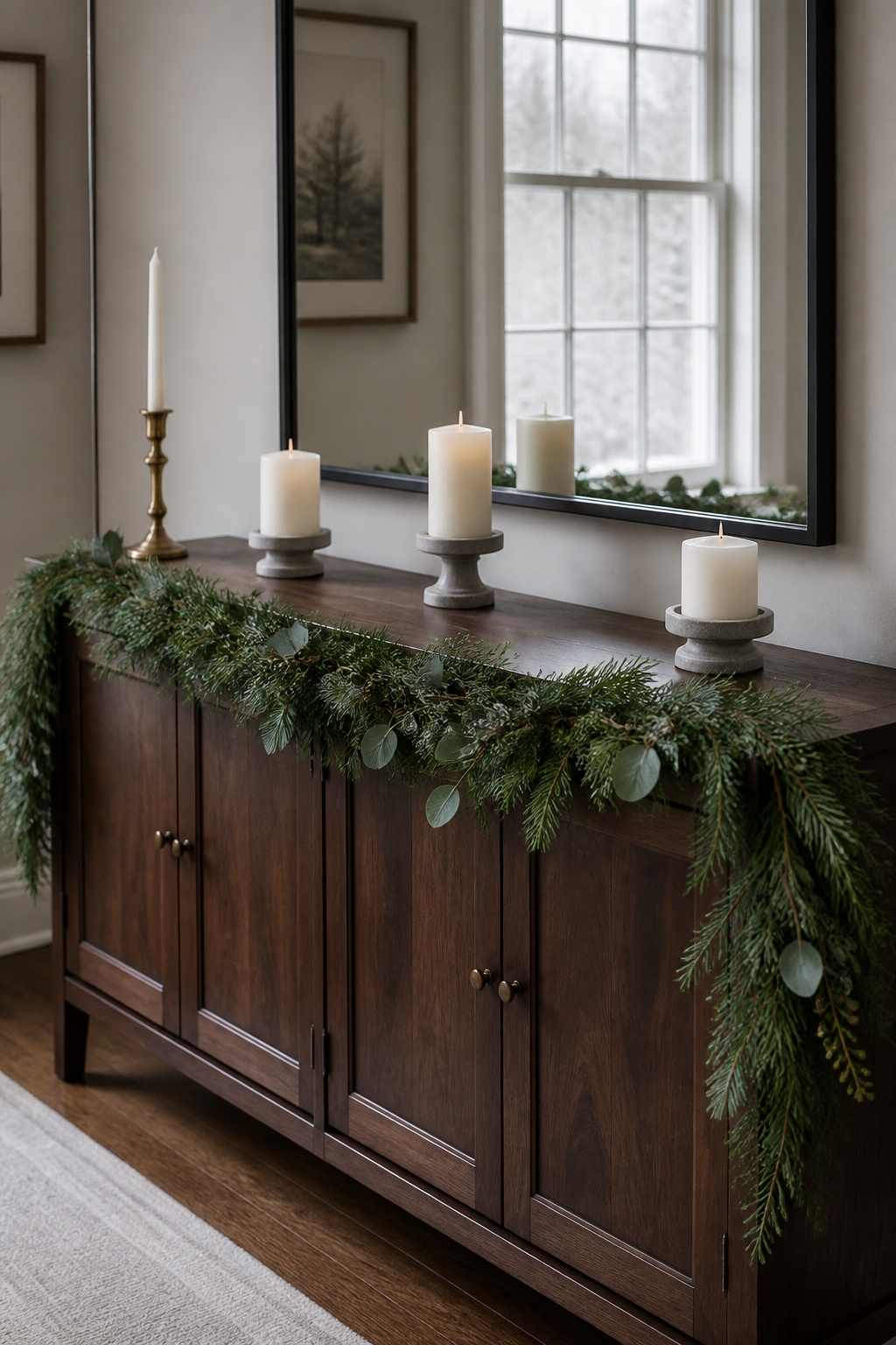 Christmas sideboard with fresh mixed evergreen garland draped along the front edge, three pillar candles in stone holders, and a single aged brass taper candlestick, reflected in a dark-framed mirror above