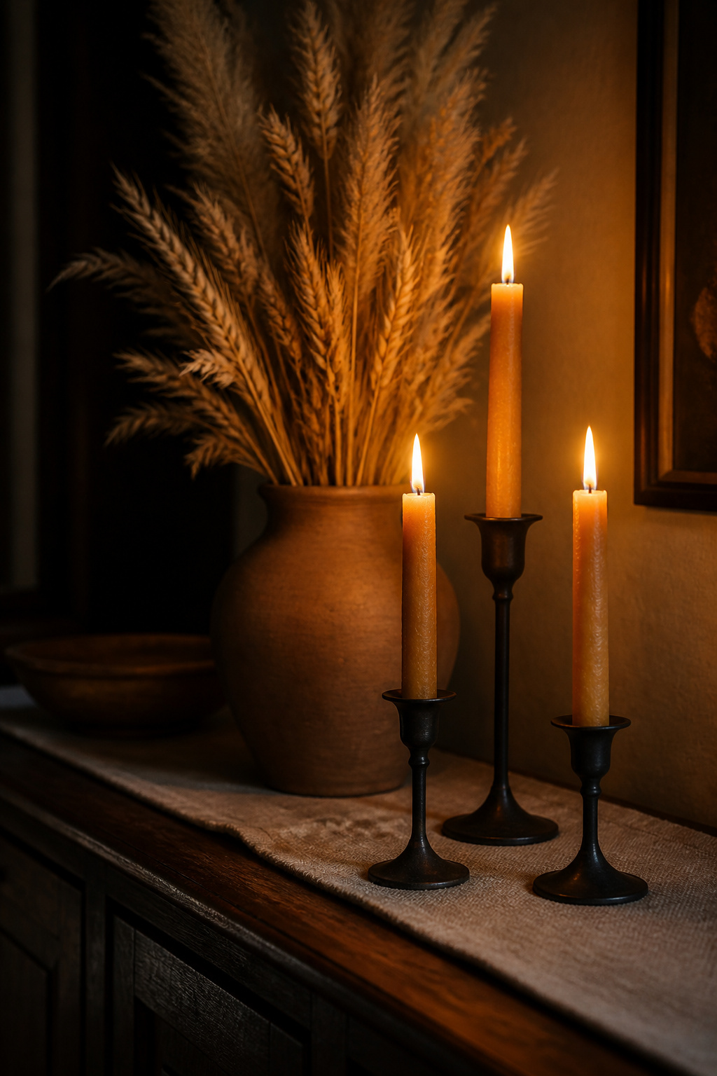 Close-up of a dark sideboard surface with glowing beeswax taper candles in iron holders and dried pampas grass stems in a terracotta vase