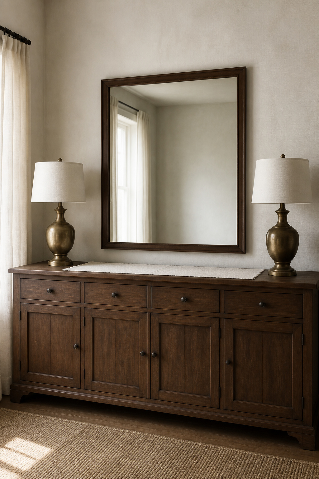 Dining room sideboard with only its permanent anchor layer — aged brass lamps, a walnut-framed mirror, and a natural linen runner, surface otherwise clear