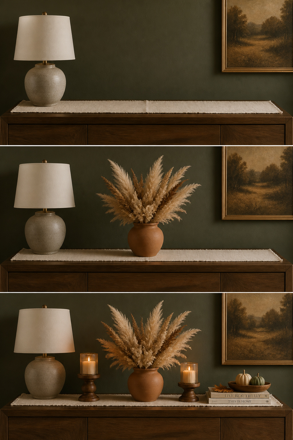 Three-panel portrait showing a sideboard surface first cleared to its permanent layer, then with the dominant fall botanical accent placed, then with the completed edited fall arrangement