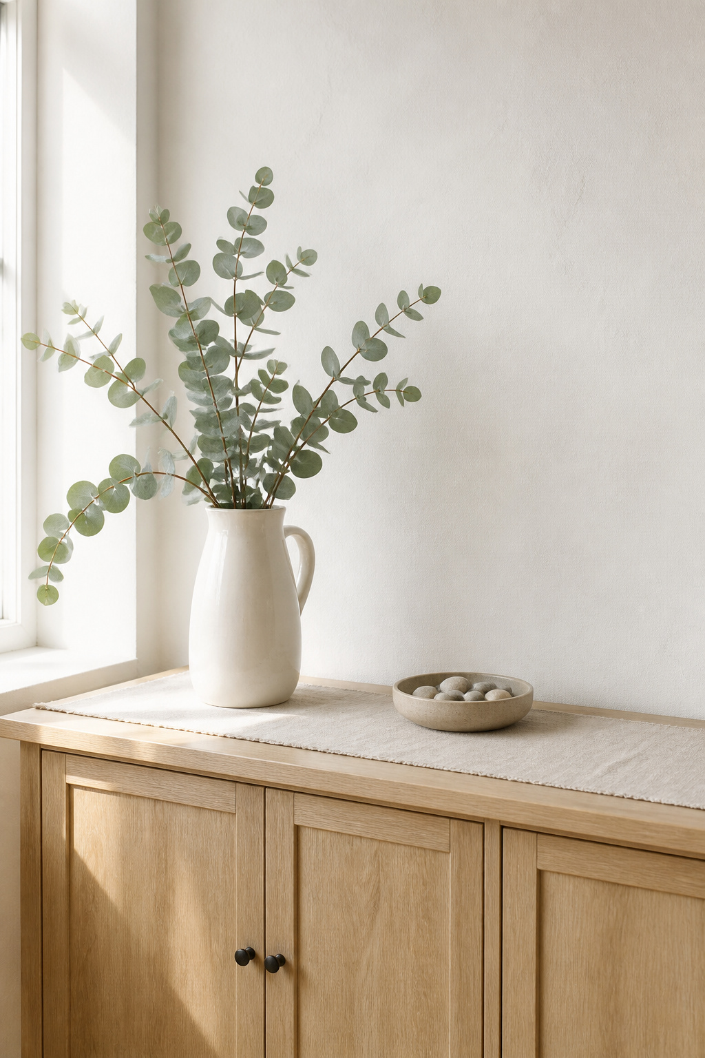 Spring sideboard with tall ceramic jug holding eucalyptus branches on a linen runner, minimal and fresh