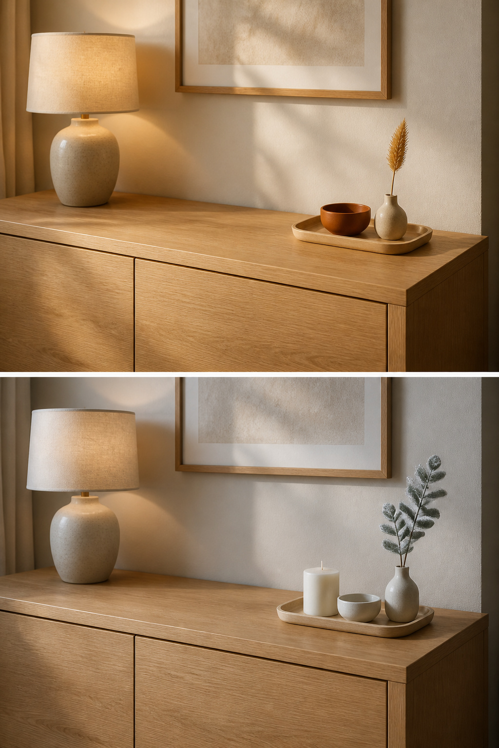 Narrow sideboard in two seasonal states — autumn tray with terracotta bowl and dried stem versus winter tray with white candle and eucalyptus — showing one-swap method