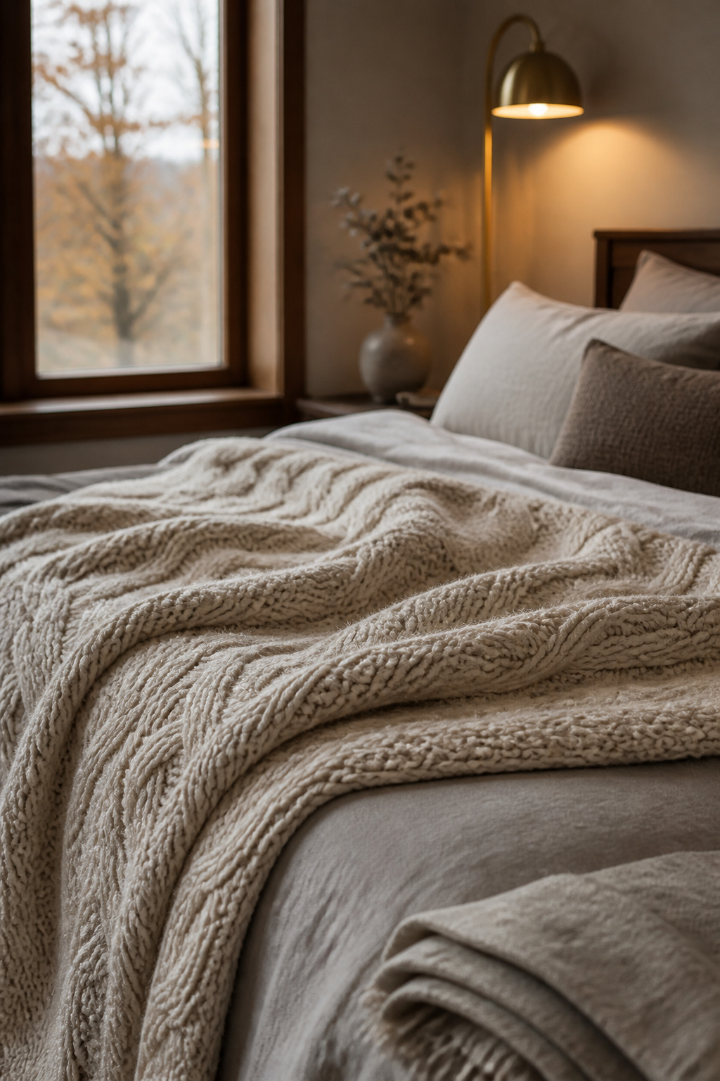 A chunky wool knit throw layered over a linen bed to add cooler-season warmth without extra bulk