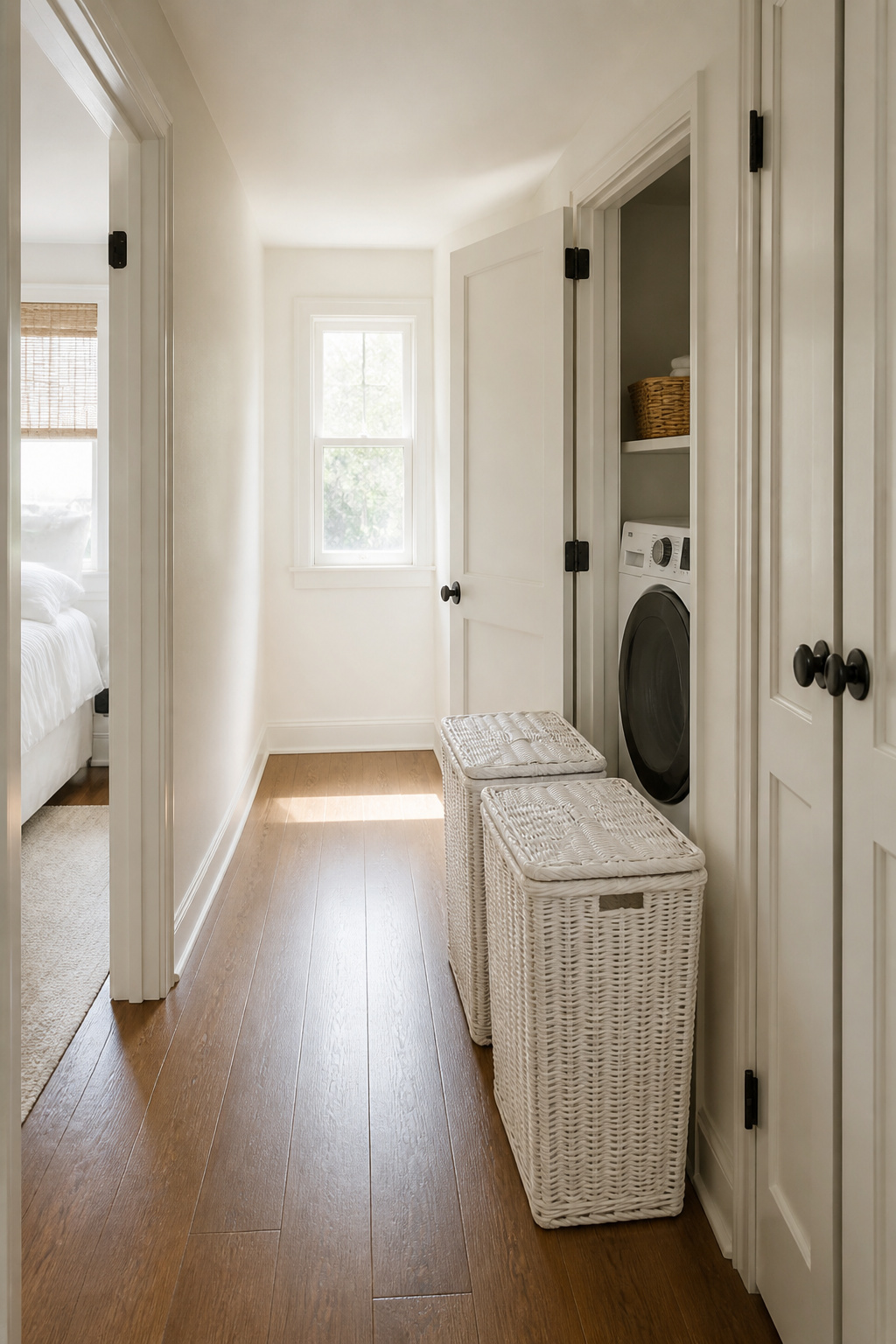 Two white laundry hampers in upper-floor hallway outside laundry closet with bedroom and linen closet nearby