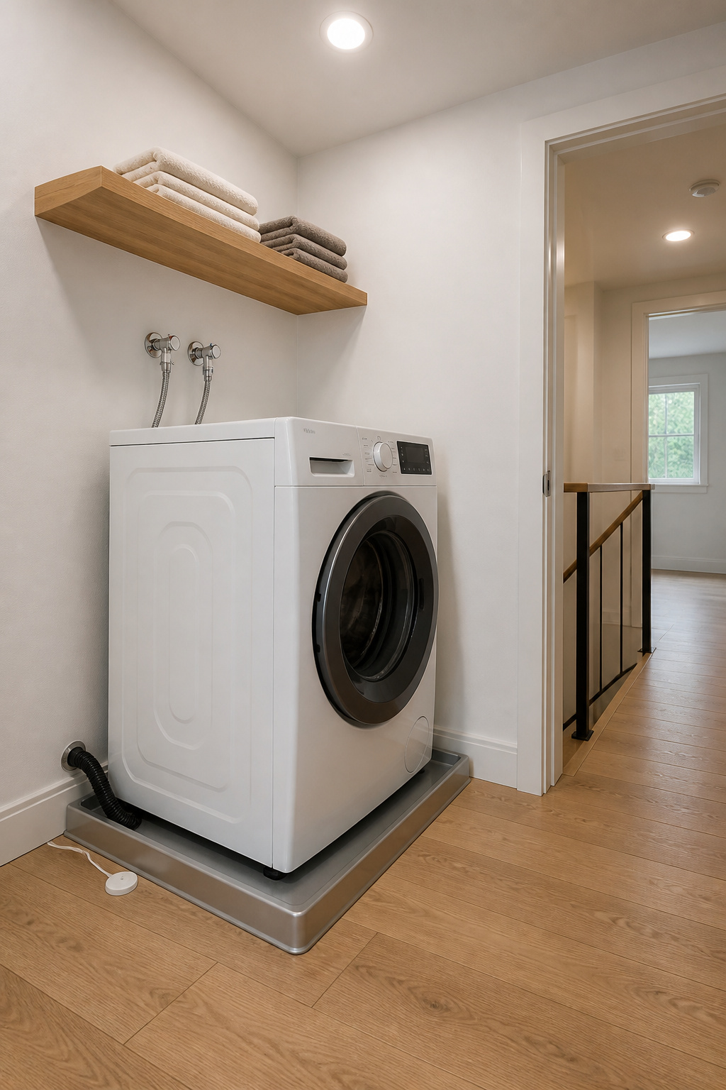 Second-floor laundry alcove showing stainless steel drain pan under washing machine, single-lever ball valves on supply lines, steel-braided hoses, and a leak sensor disk under the pan rim