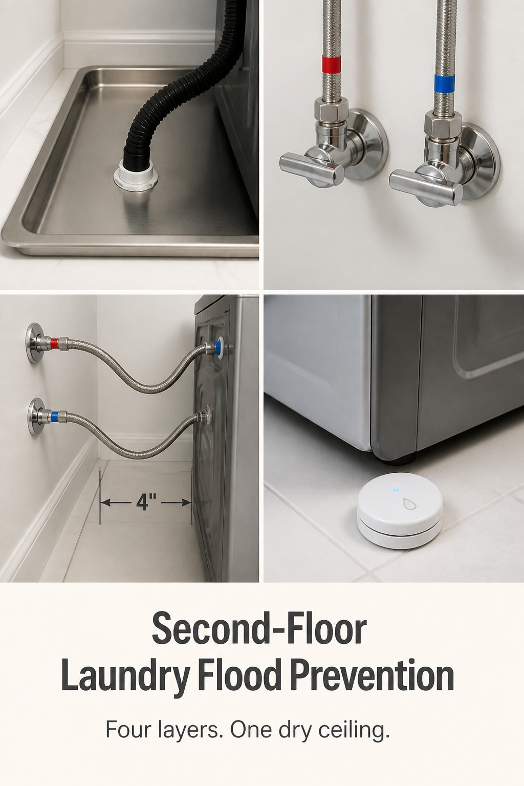Four-panel Pinterest collage showing second-floor laundry flood prevention: drain pan with drain fitting, single-lever shutoff valves, steel-braided hoses, and floor-mounted leak sensor