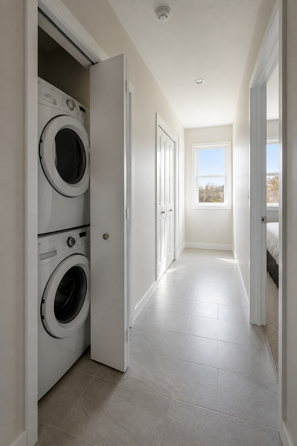 Second-floor hallway with laundry closet open showing stacked washer-dryer, bedroom doorway opposite, linen closet nearby
