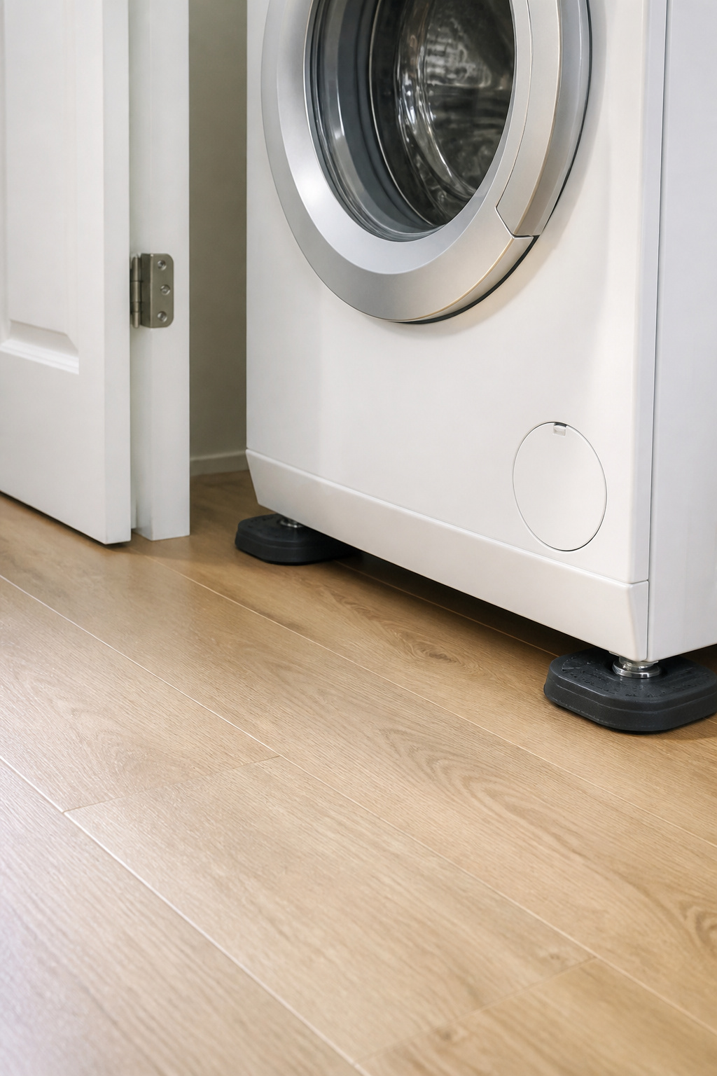 Dark rubber anti-vibration pads under front-loading washing machine feet on hardwood floor