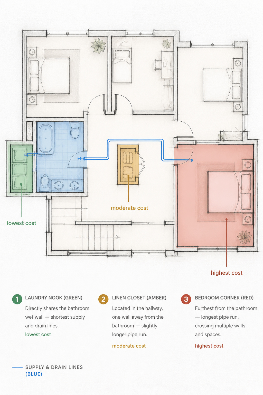 Floor plan diagram showing three upstairs laundry placement options relative to bathroom wet wall, colour-coded by plumbing cost