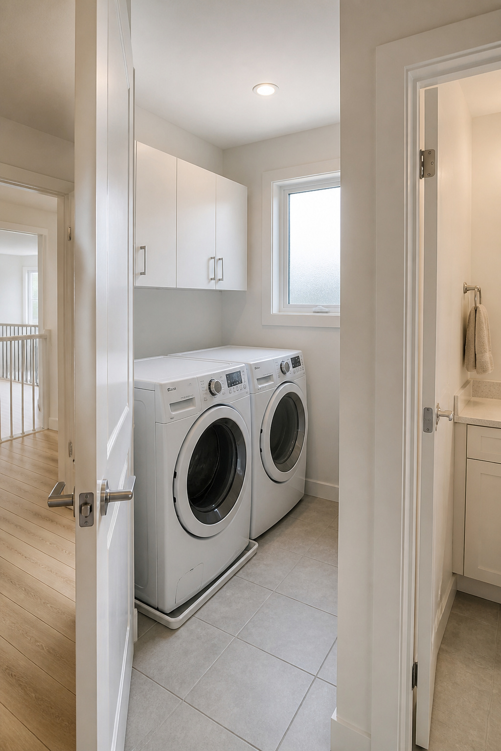 Second-floor laundry room with washer and dryer sited adjacent to bathroom wall, drain pan visible, hallway beyond