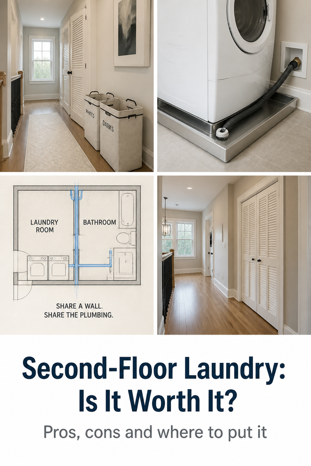 Four-panel Pinterest collage showing second-floor laundry: bedroom proximity, drain pan protection, back-to-bath placement diagram, and hallway laundry closet