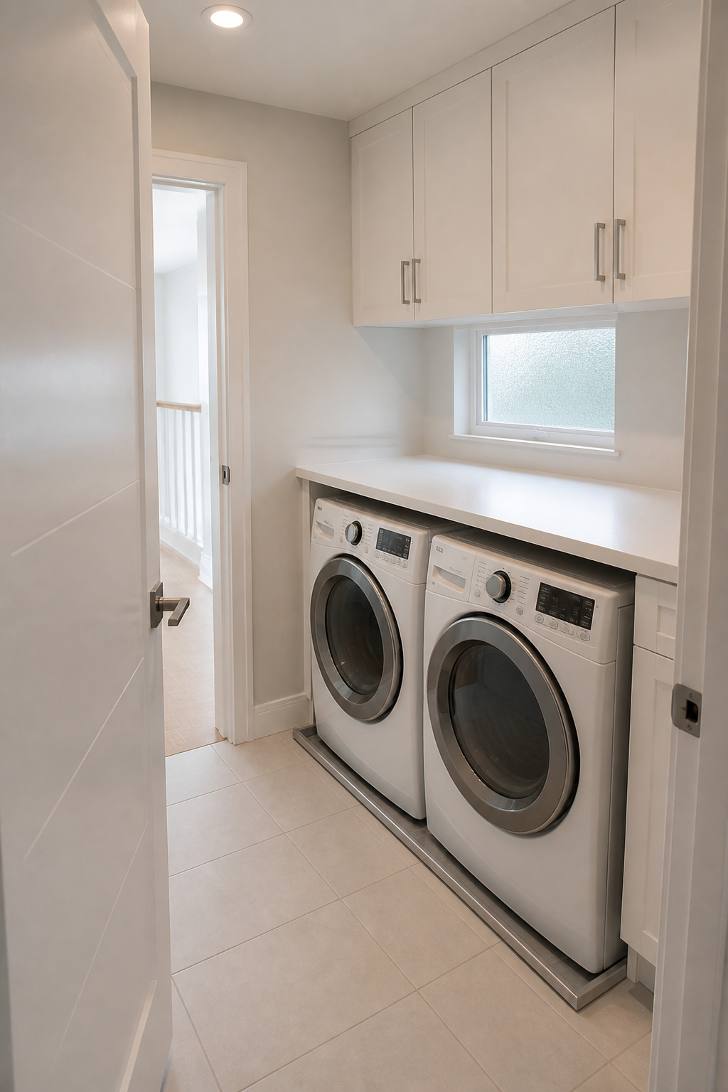 Organised second-floor laundry room with front-load machines under folding counter, drain pan, cabinets above, bright hallway beyond door