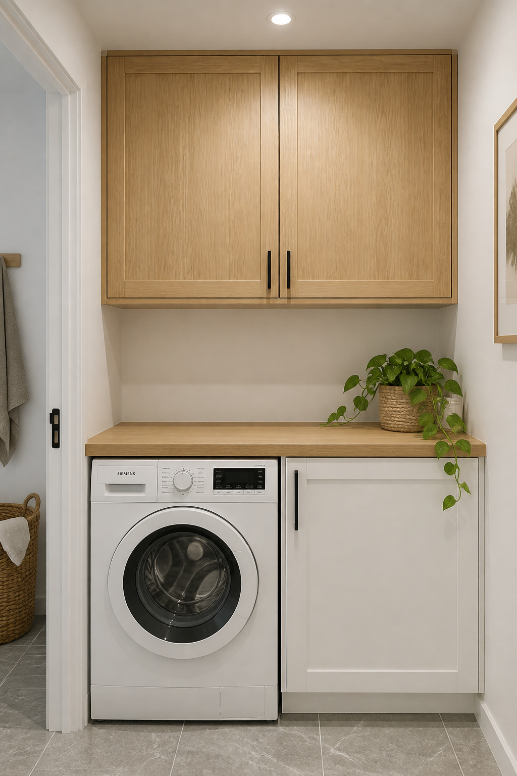 White SEKTION kitchen cabinets with VEDHAMN oak door fronts and matte black bar handles in a Scandinavian laundry room, KARLBY oak countertop