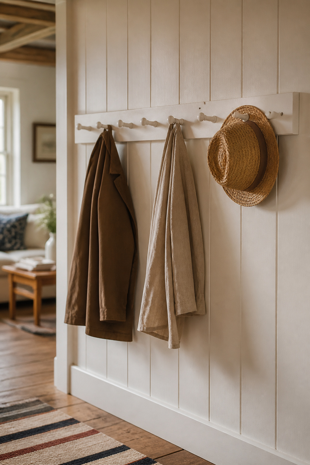 White painted Shaker peg rail with turned wood pegs holding coats and a wicker hat on a cottage entryway tongue-and-groove wall