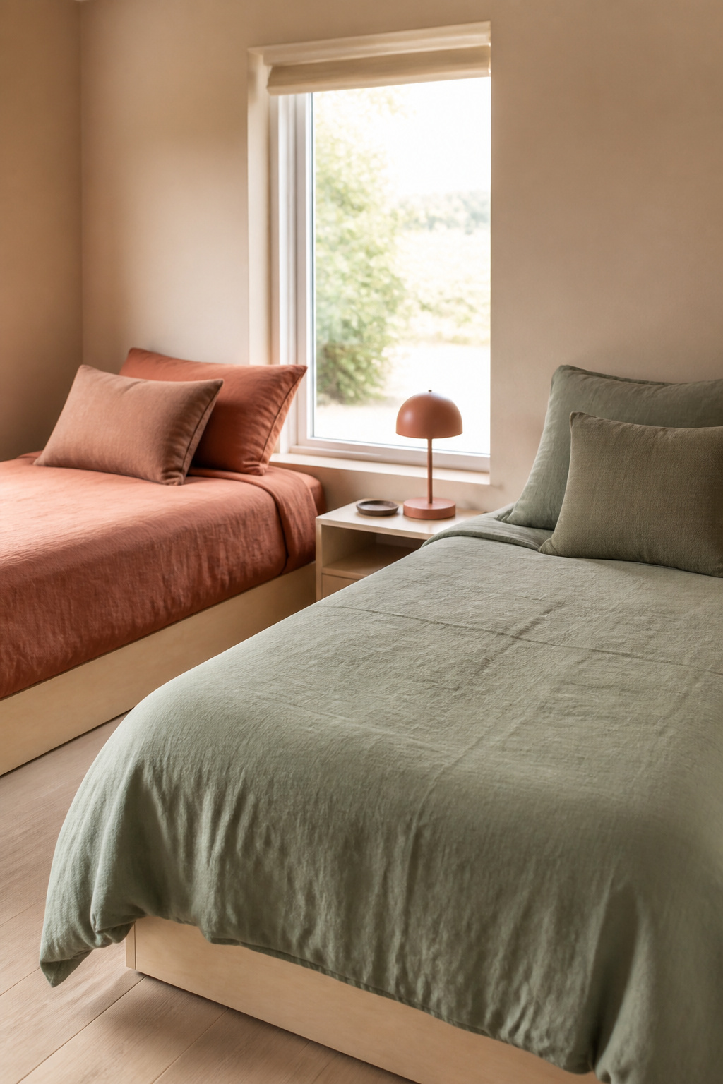 Two twin beds sharing one putty-coloured wall, one dressed in sage-green bedding and the other in terracotta, showing a single base palette with two personal accents