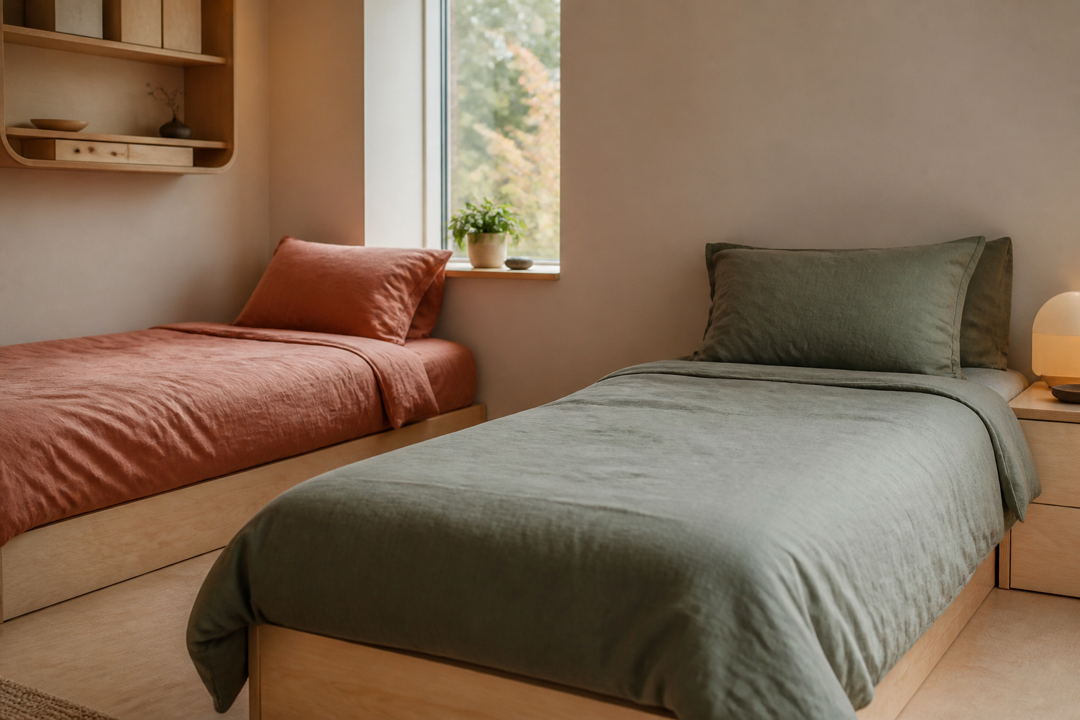 Two twin beds sharing one putty-coloured wall, one dressed in sage-green bedding and the other in terracotta, showing a single base palette with two personal accents