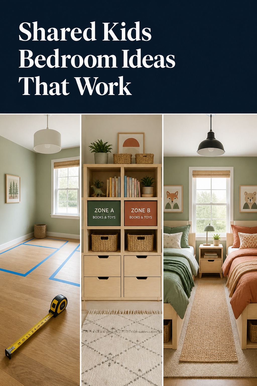 Pinterest collage showing the planning stages of a shared bedroom - measuring, split storage, and the finished two-bed room - with a text band across the top