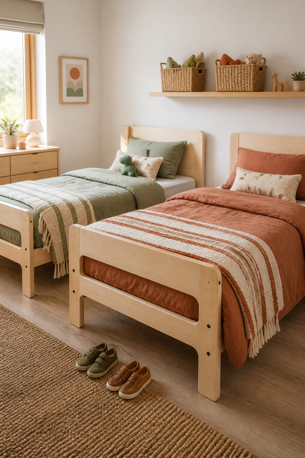 Bright shared bedroom with two birch twin beds dressed in sage-green and terracotta bedding, a shared shelf and jute rug