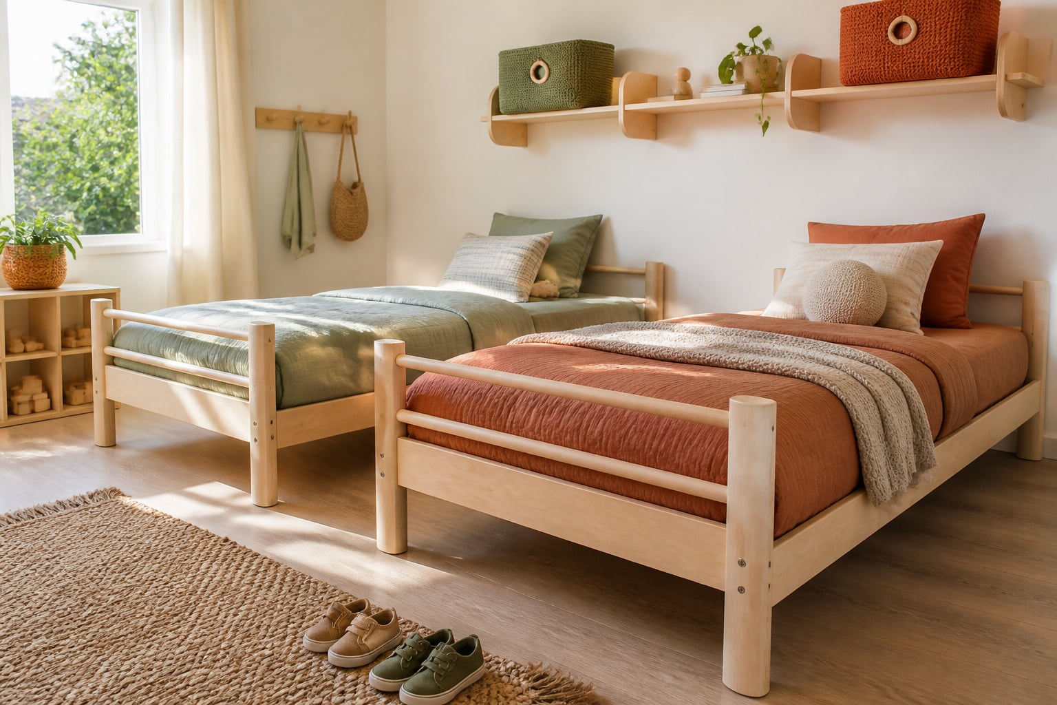 Bright shared bedroom with two birch twin beds dressed in sage-green and terracotta bedding, a shared shelf and jute rug
