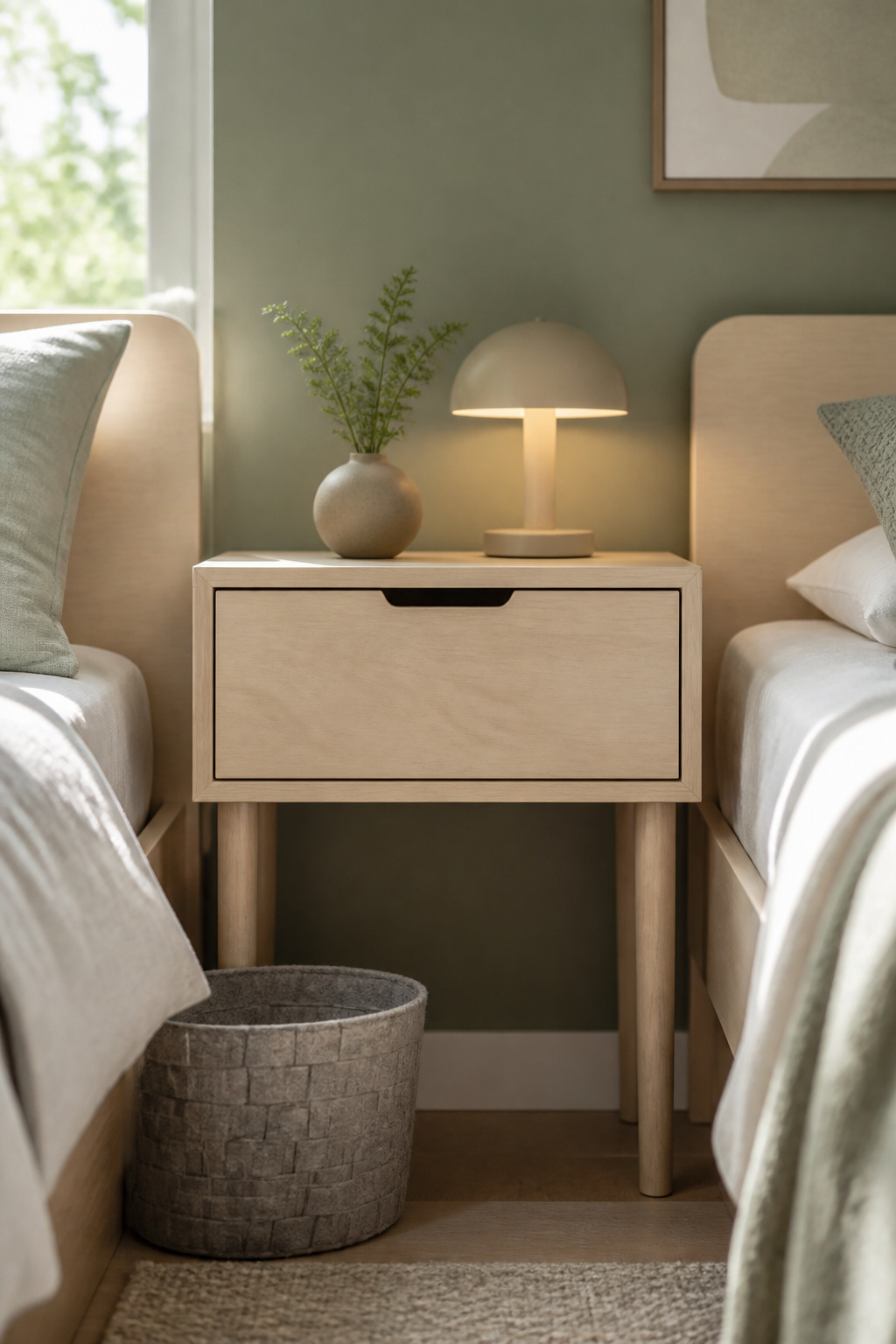 Slim birch nightstand fitted snugly between two twin beds, showing how little open floor remains at the headwall