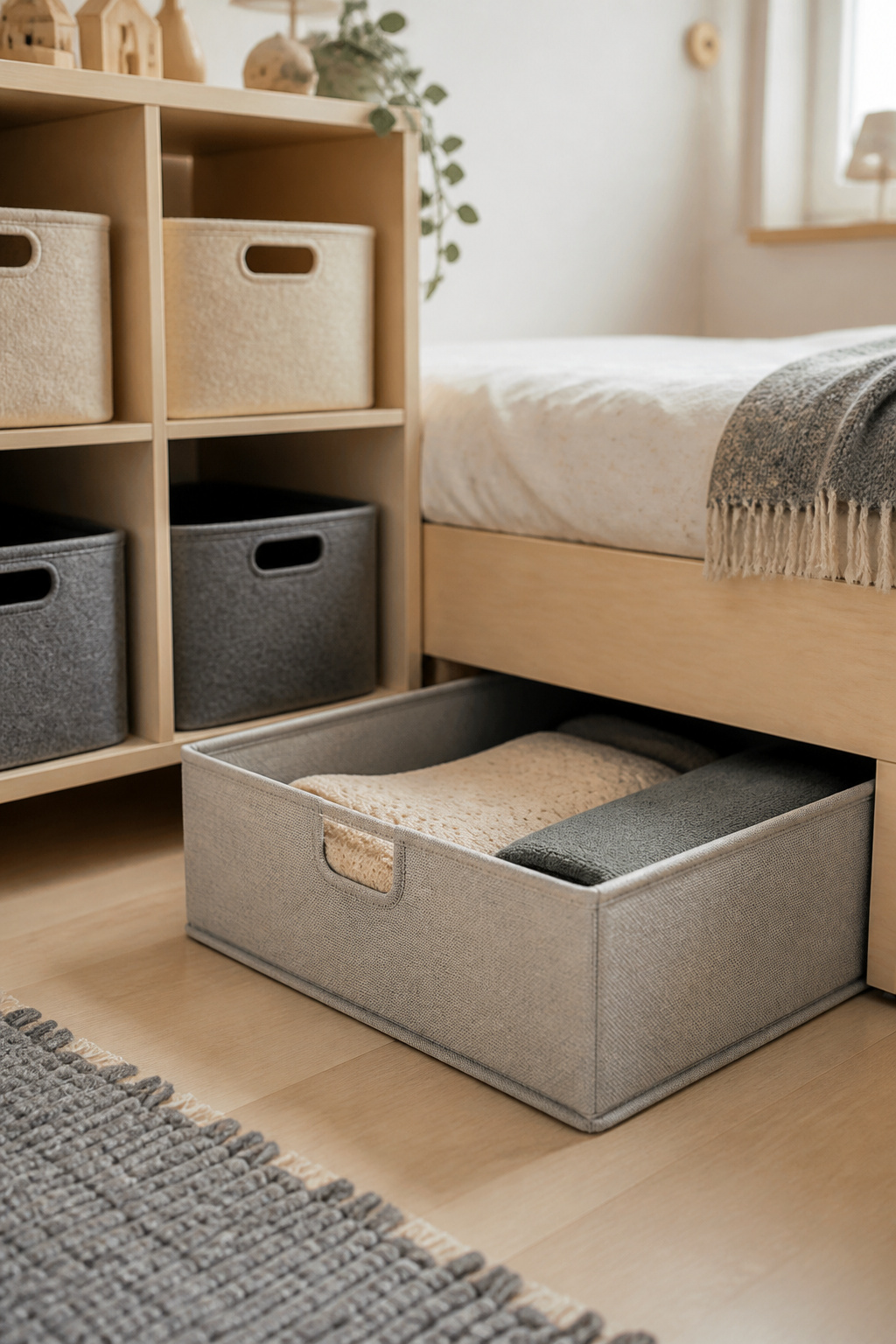 Shallow under-bed storage drawer beside a low open birch shelf holding sage and terracotta felt storage bins