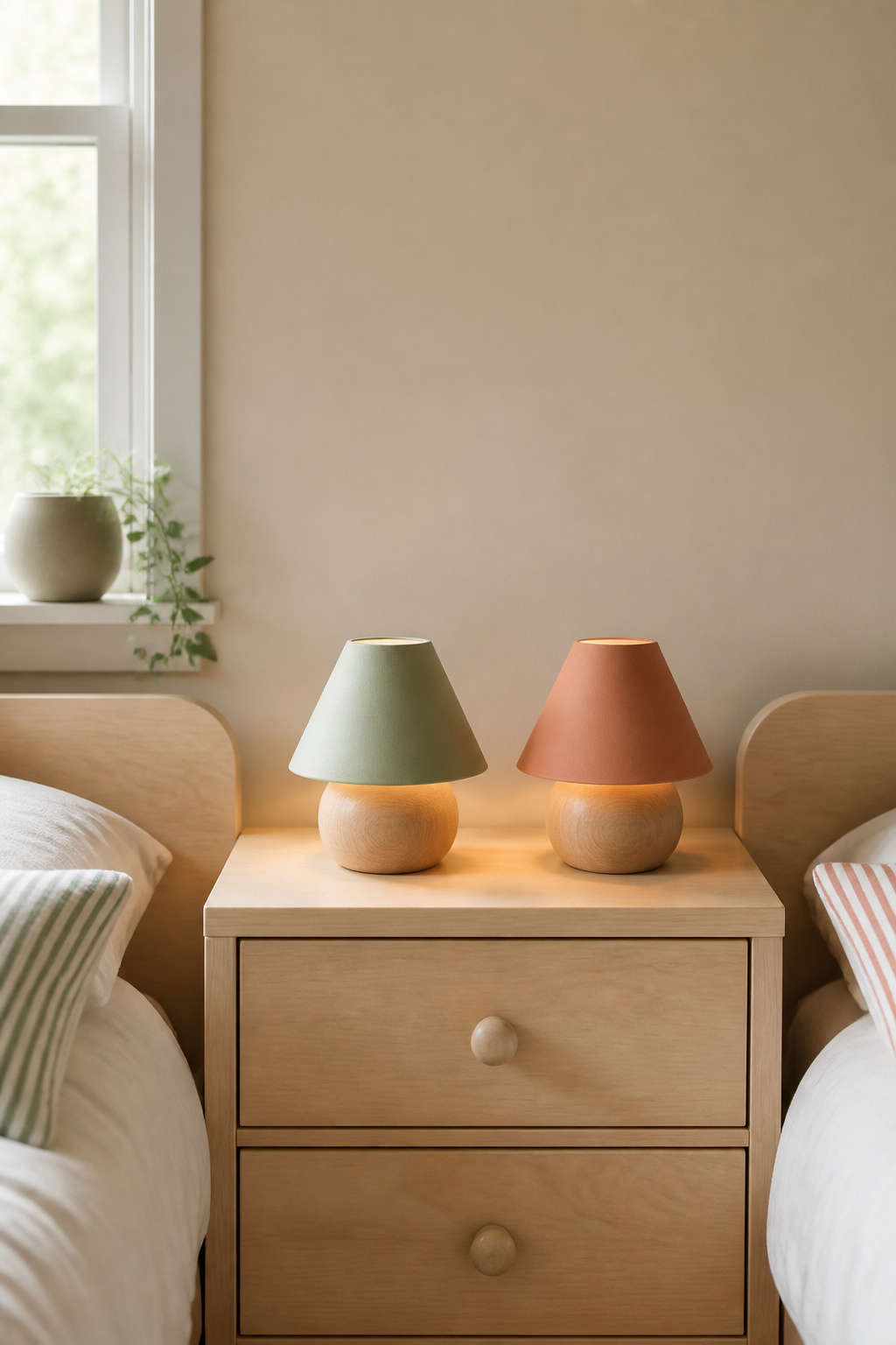 Shared birch nightstand between two twin beds holding two lamps in sage-green and terracotta against one identical wall colour