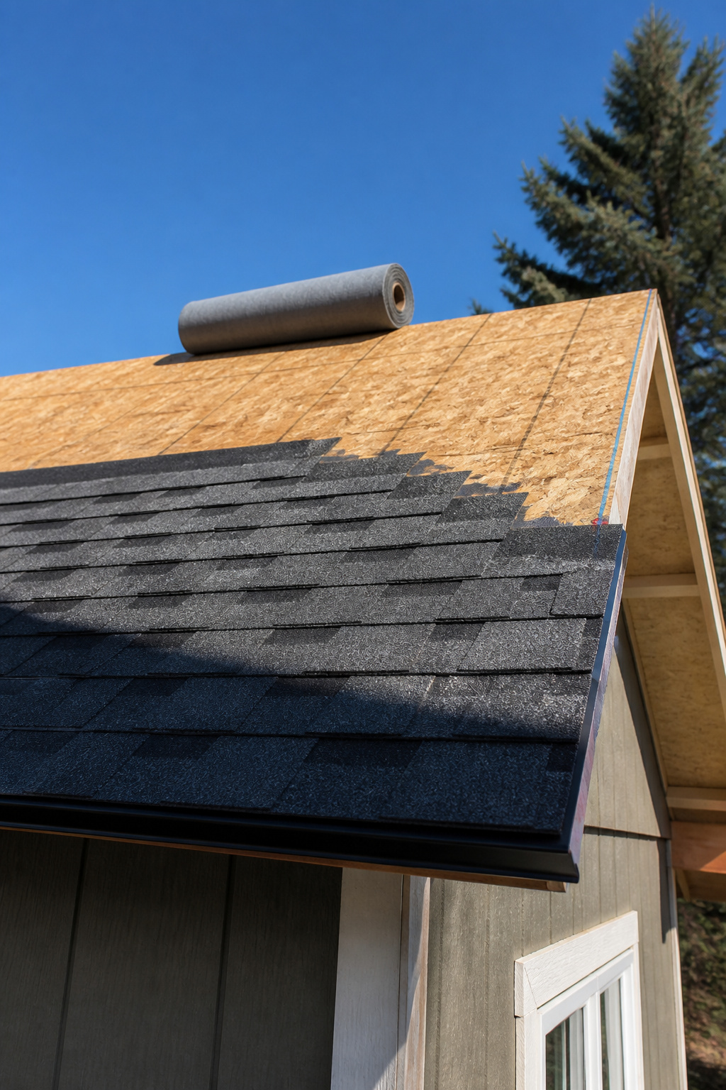 A she shed roof with asphalt shingles half-laid over OSB deck, drip edge flashing visible at the eave and underlayment roll at the ridge peak