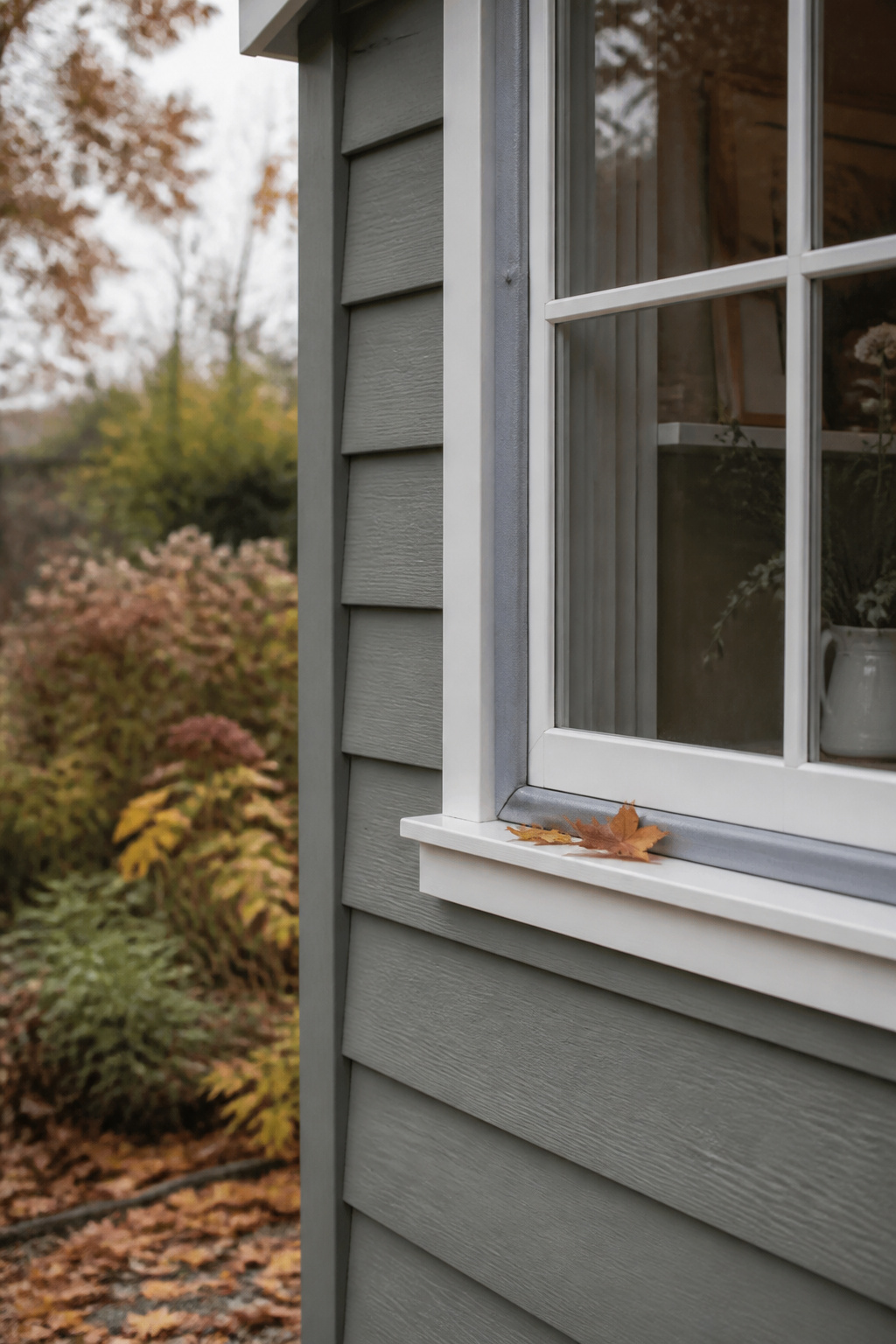 Exterior close-up of a painted she shed window in autumn showing freshly applied weatherstripping foam strip on the frame with fallen leaves on the sill