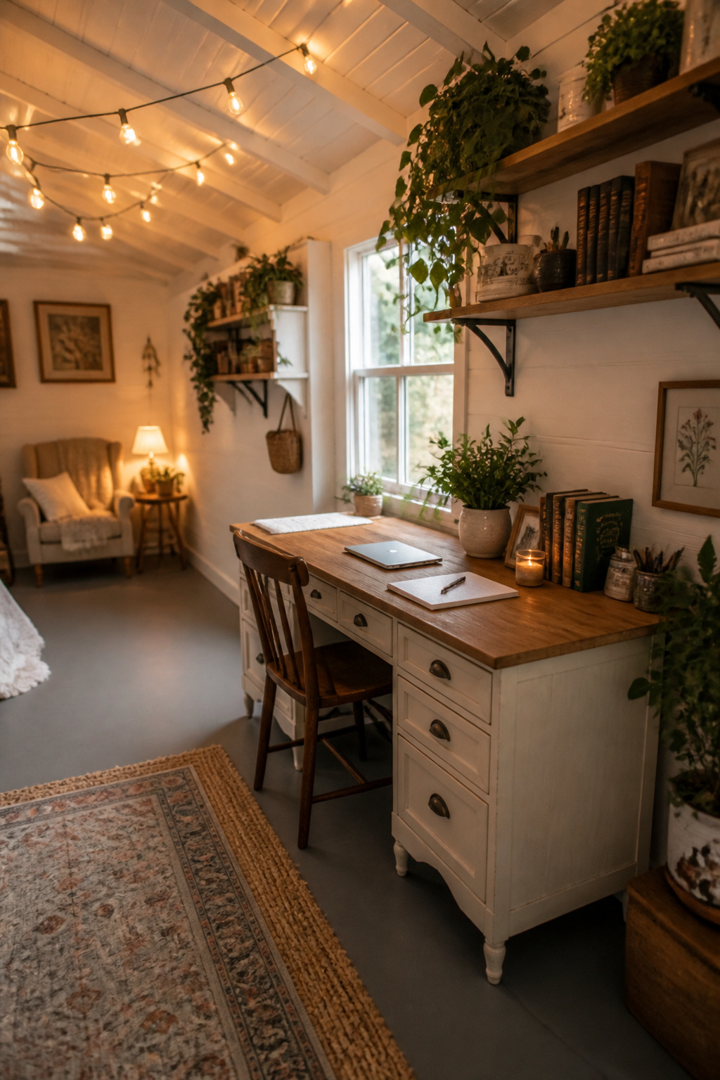 A finished budget she shed interior with white walls, painted floor, thrifted desk, floating shelves with plants and fairy lights