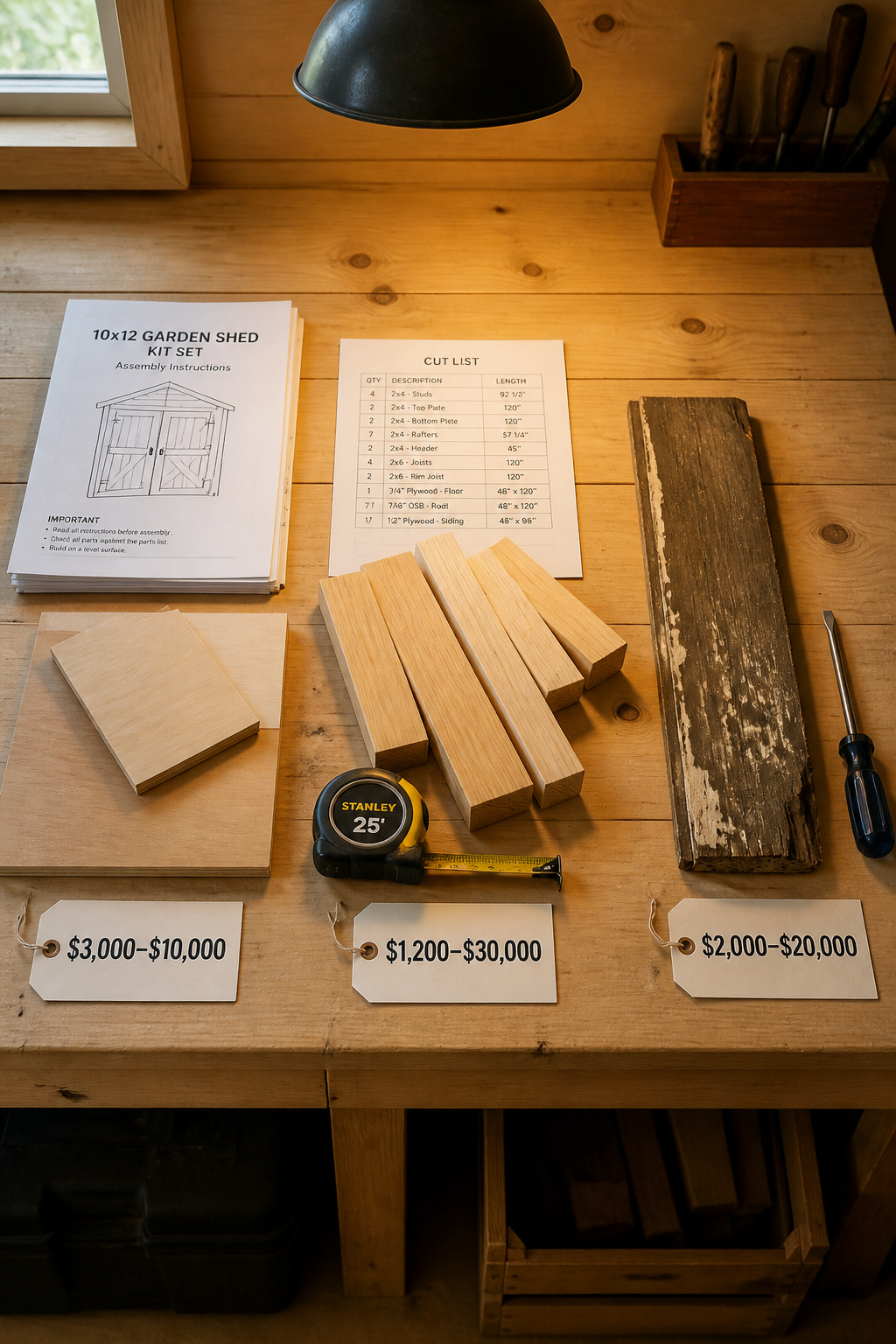 Flat-lay workbench showing three she shed budget scenarios: kit at $3,000–$10,000, scratch build at $1,200–$30,000, and conversion at $2,000–$20,000