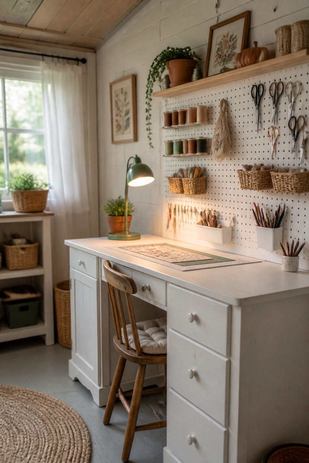 She shed craft room interior with white tongue-and-groove walls, pegboard tool storage, and a wooden desk