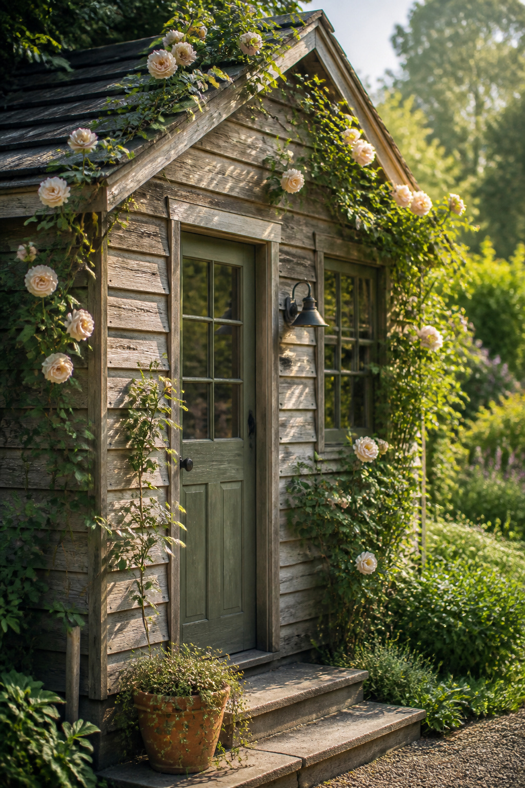 Garden she shed with horizontal aged cedar cladding and climbing roses tracing the corner trim and roofline