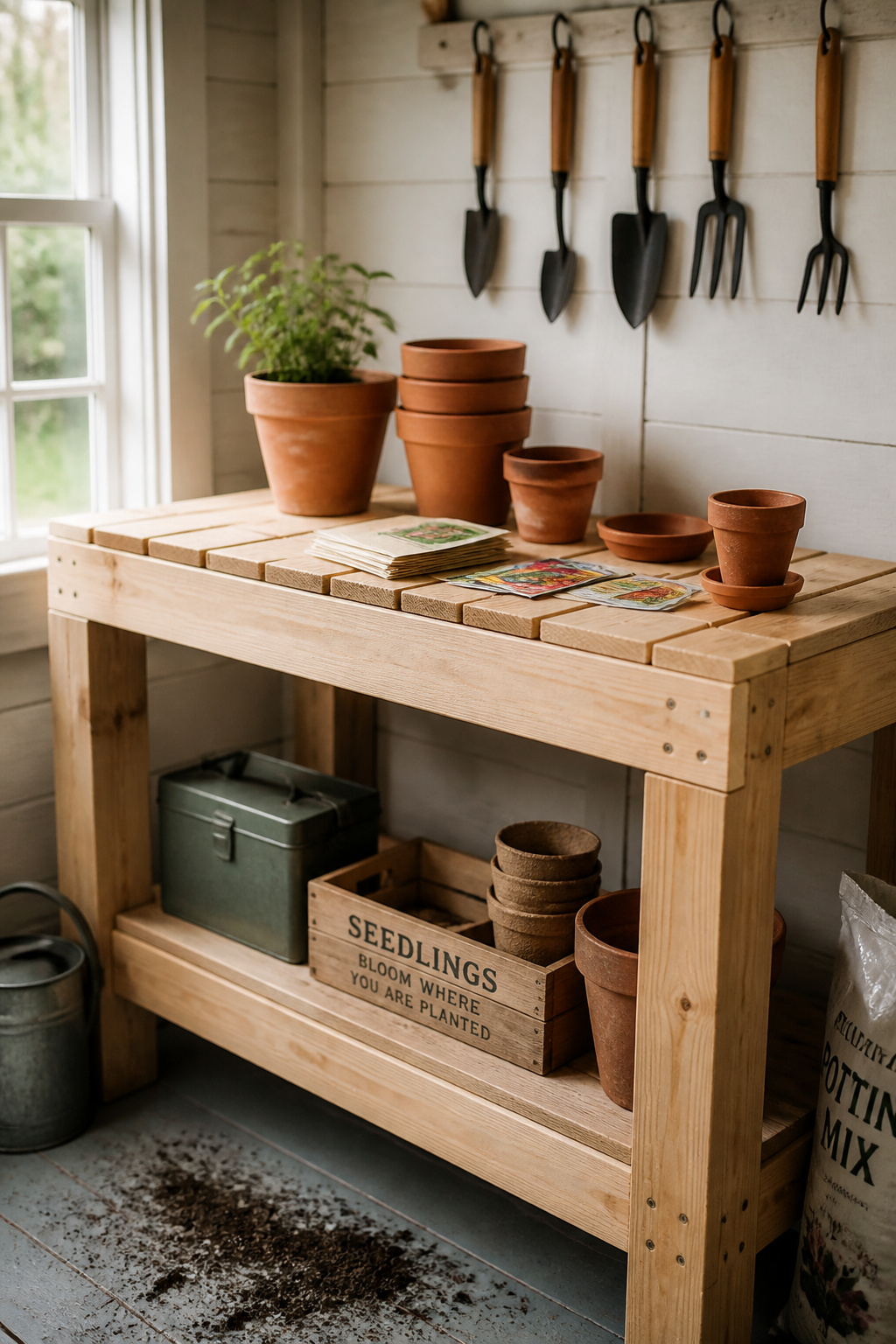 A DIY 2x4 potting bench in a she shed holding terracotta pots and seed packets, with garden tools on the wall behind