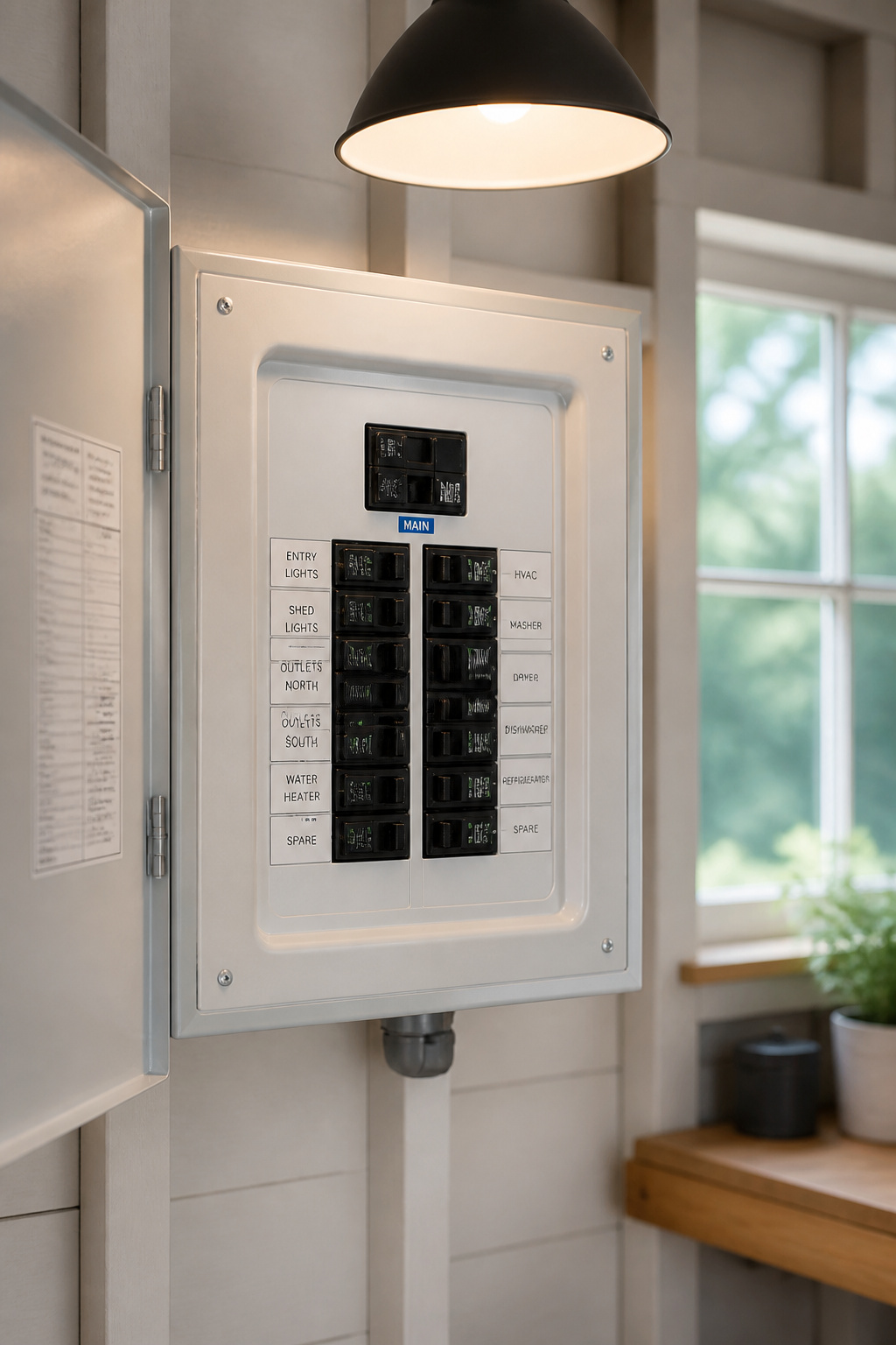 Open electrical subpanel mounted on a painted shed wall showing labelled circuit breakers for lights, outlets and HVAC
