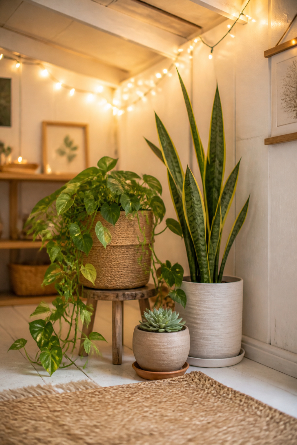 A she shed corner with warm fairy lights strung overhead and a grouping of potted plants including a trailing pothos and snake plant