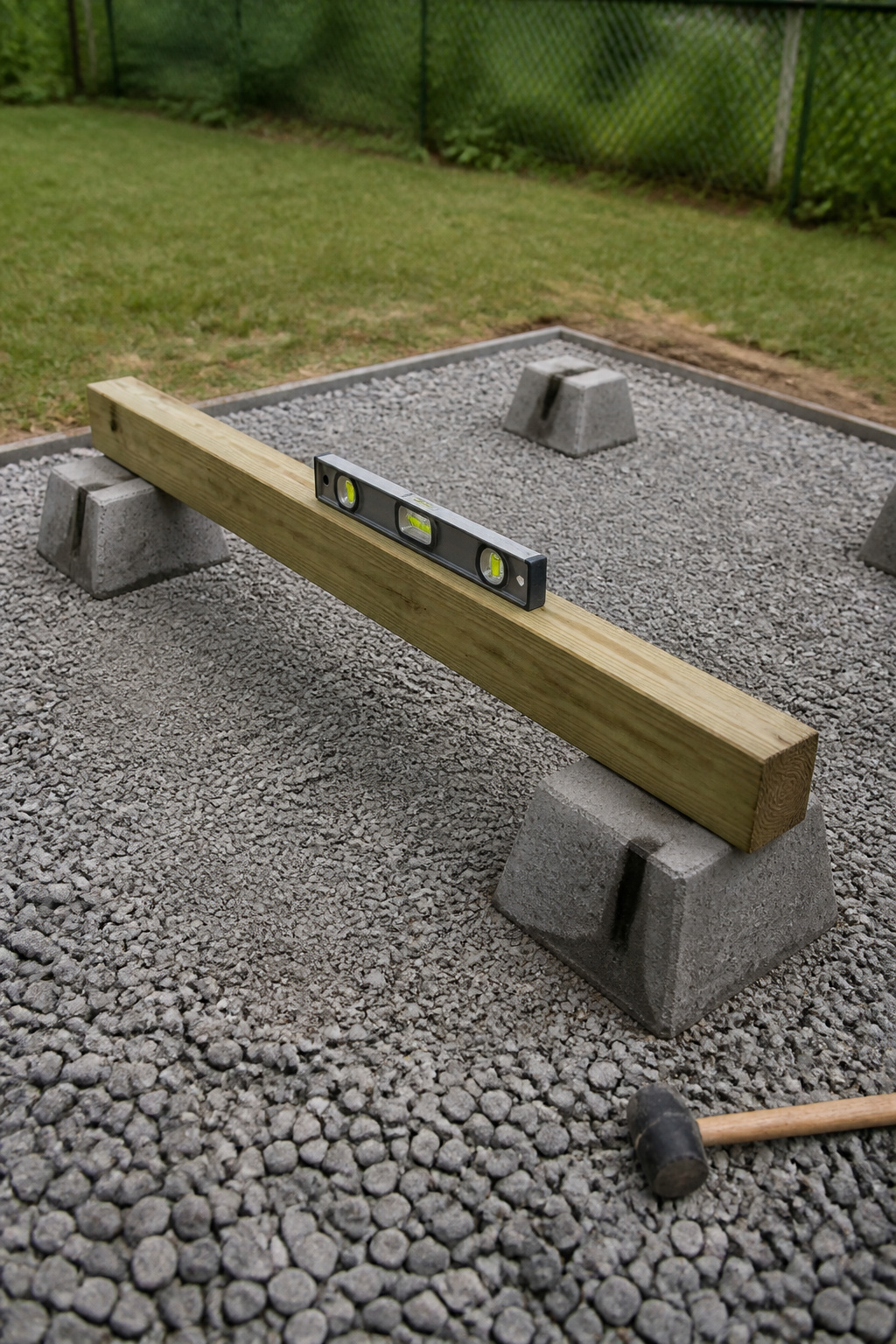 Concrete deck blocks set on compacted gravel with a pressure-treated 4x4 beam and spirit level showing a perfectly level she shed foundation