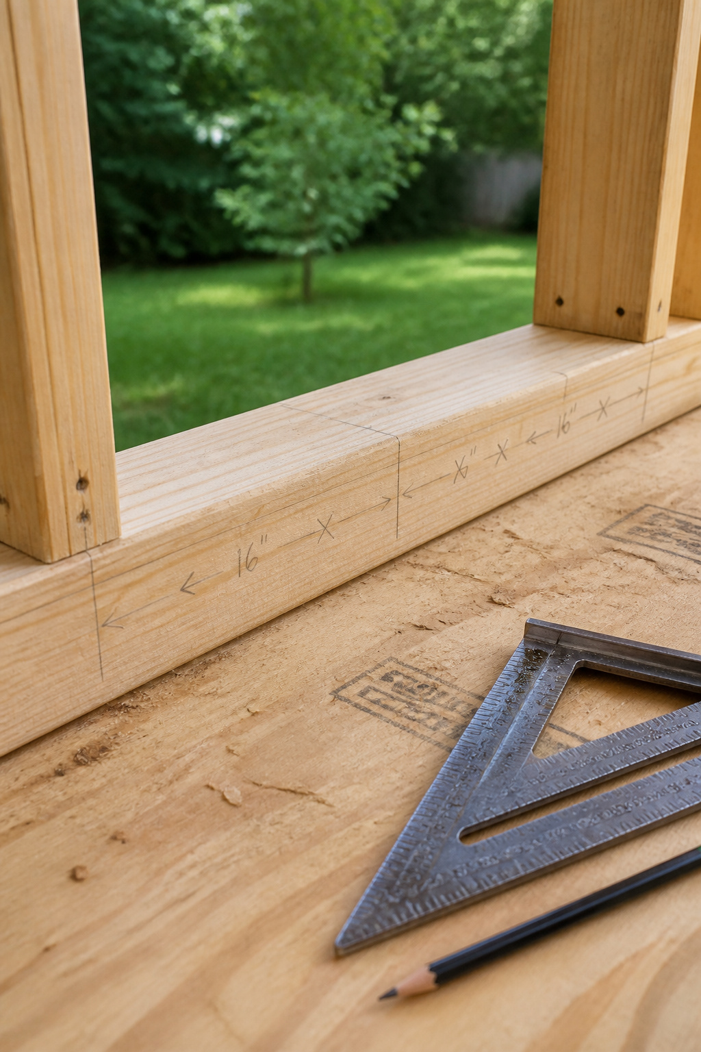 A 2x4 bottom plate with stud layout marked at 16-inch centres using a Speed Square, two corner studs already nailed in place on a plywood subfloor