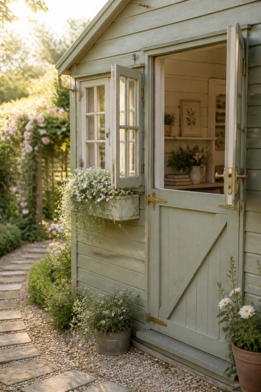 Sage-green painted she shed with open Dutch door and white flower window box set in a summer garden
