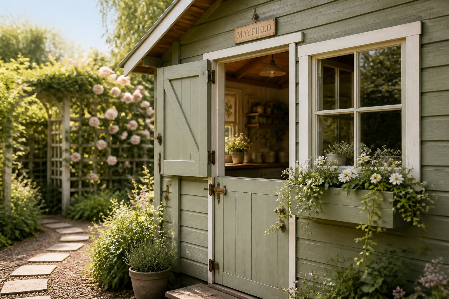 Sage-green painted she shed with open Dutch door and white flower window box set in a summer garden